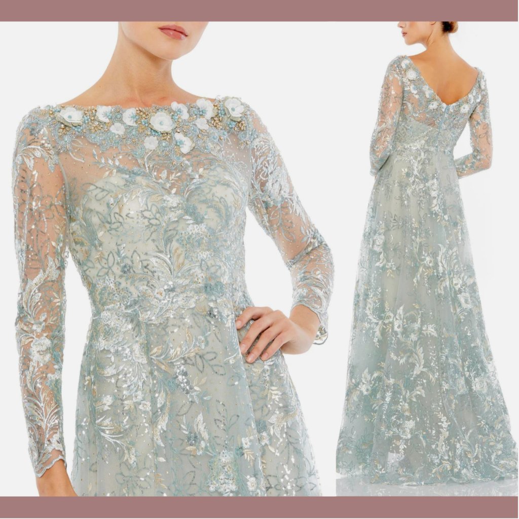 Nwt$798 Mac Duggal [ 12 ] Floral Embroidered Illusion Long Sleeve Gown Mist